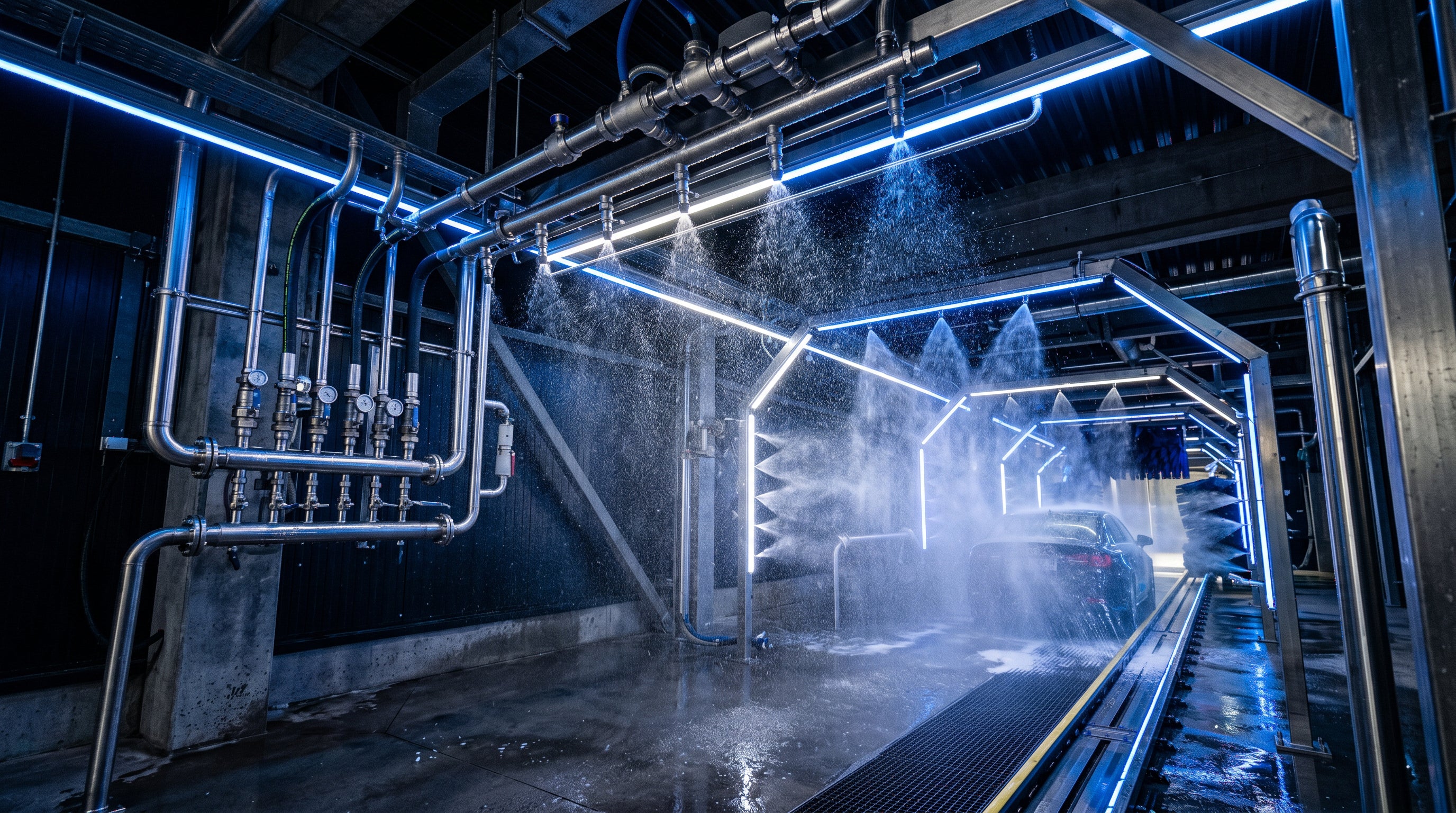 Professional car wash tunnel with stainless steel plumbing