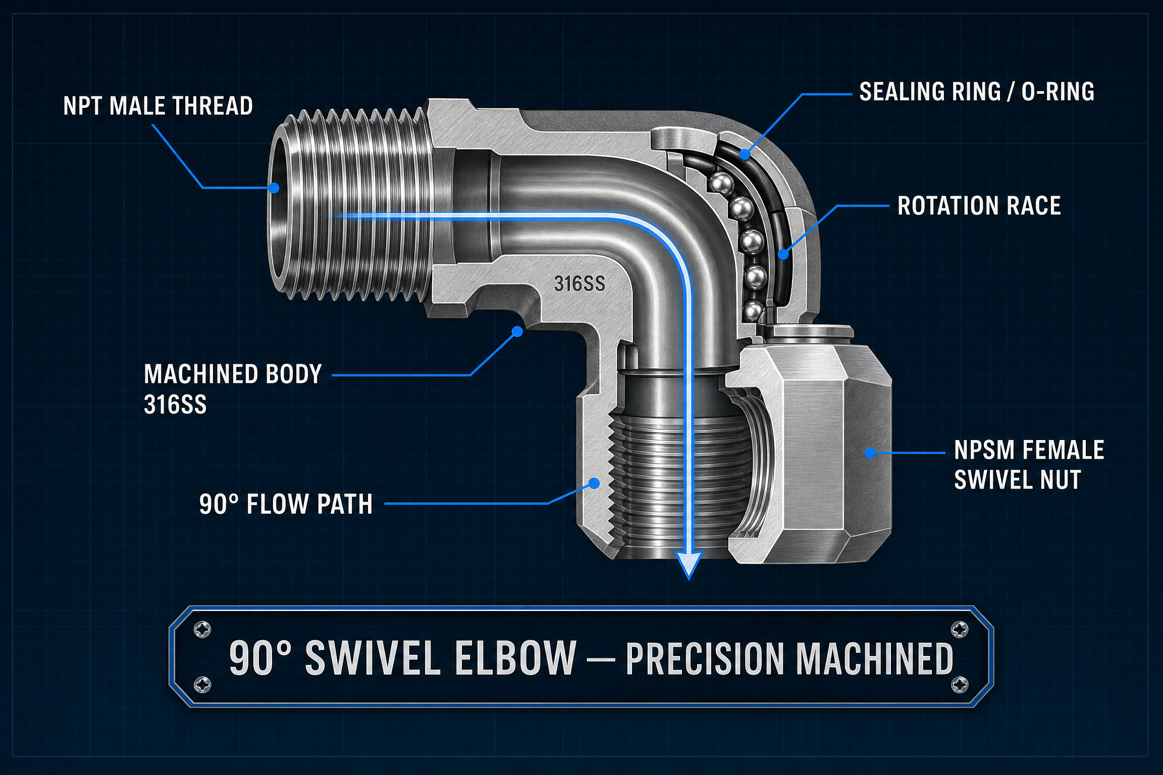 90° swivel elbow cutaway diagram