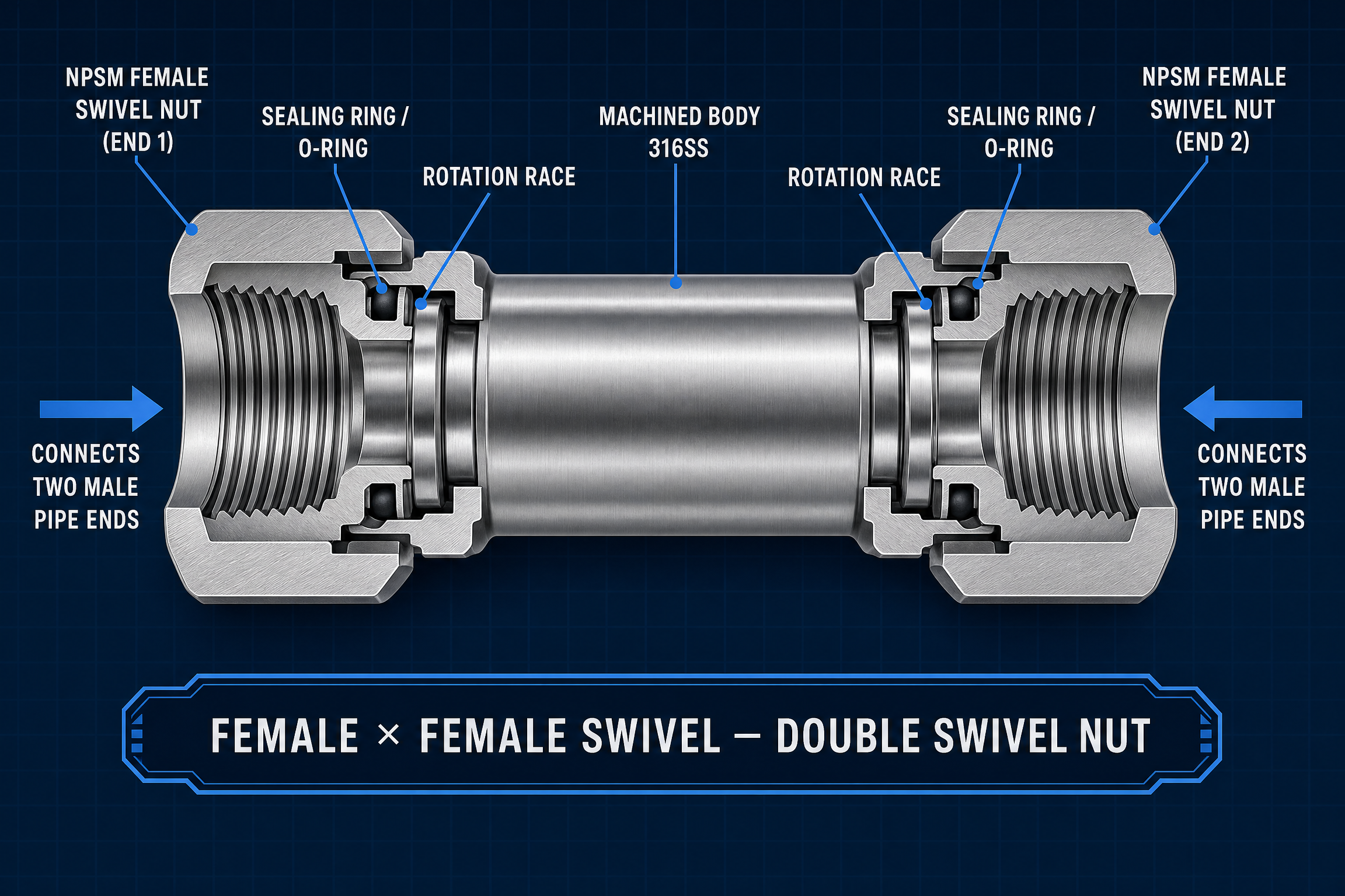 Female x female swivel fitting cutaway diagram
