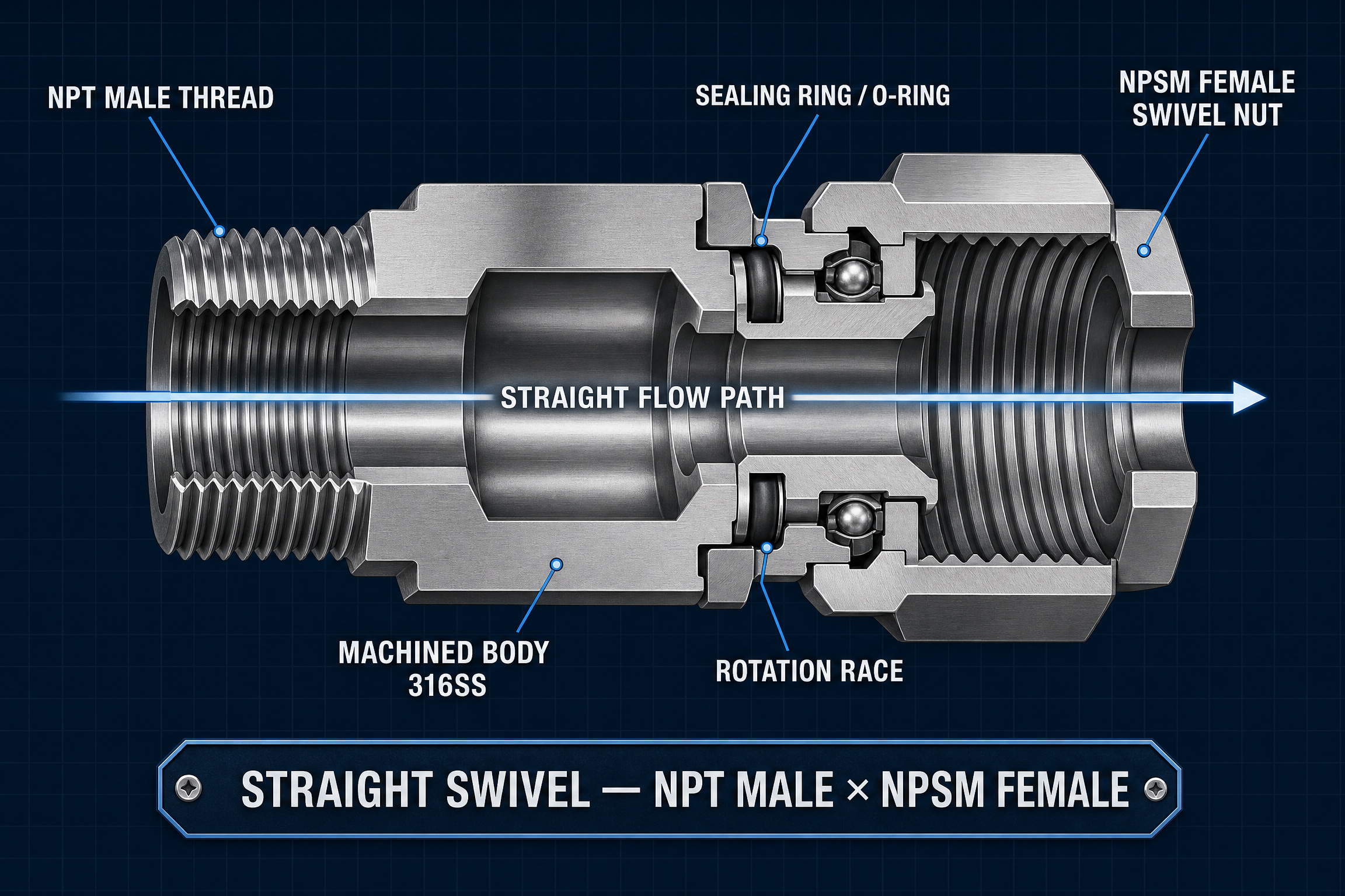 Straight swivel fitting cutaway diagram